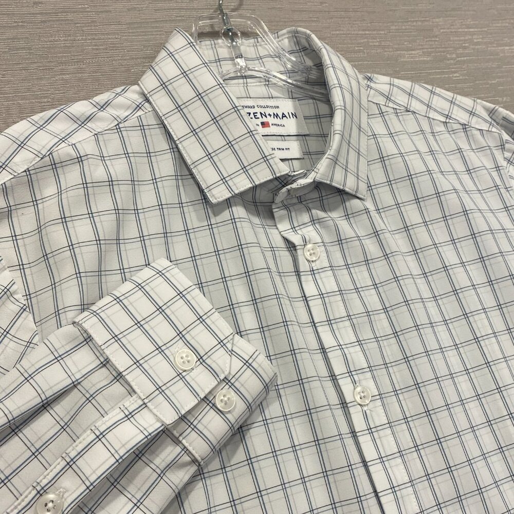 Mizzen + Main Shirt Mens Large White Check Large Trim Fit Button Up Long Sleeve